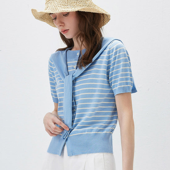 COMOBOCA Women's Striped Short Sleeve Knit Cardigan