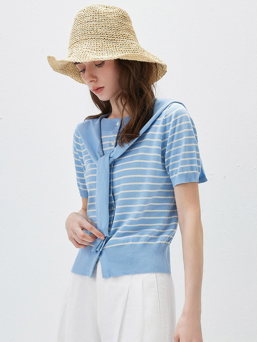 COMOBOCA Women's Striped Short Sleeve Knit Cardigan