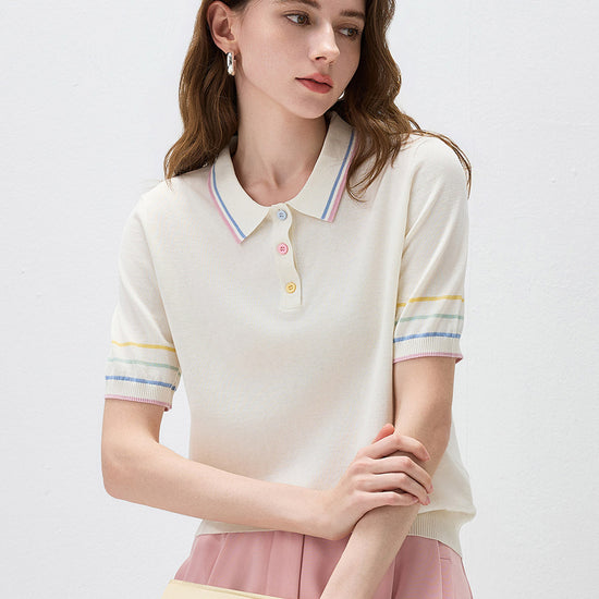 COMOBOCA Women's Knit Polo Top with Rainbow Stripes