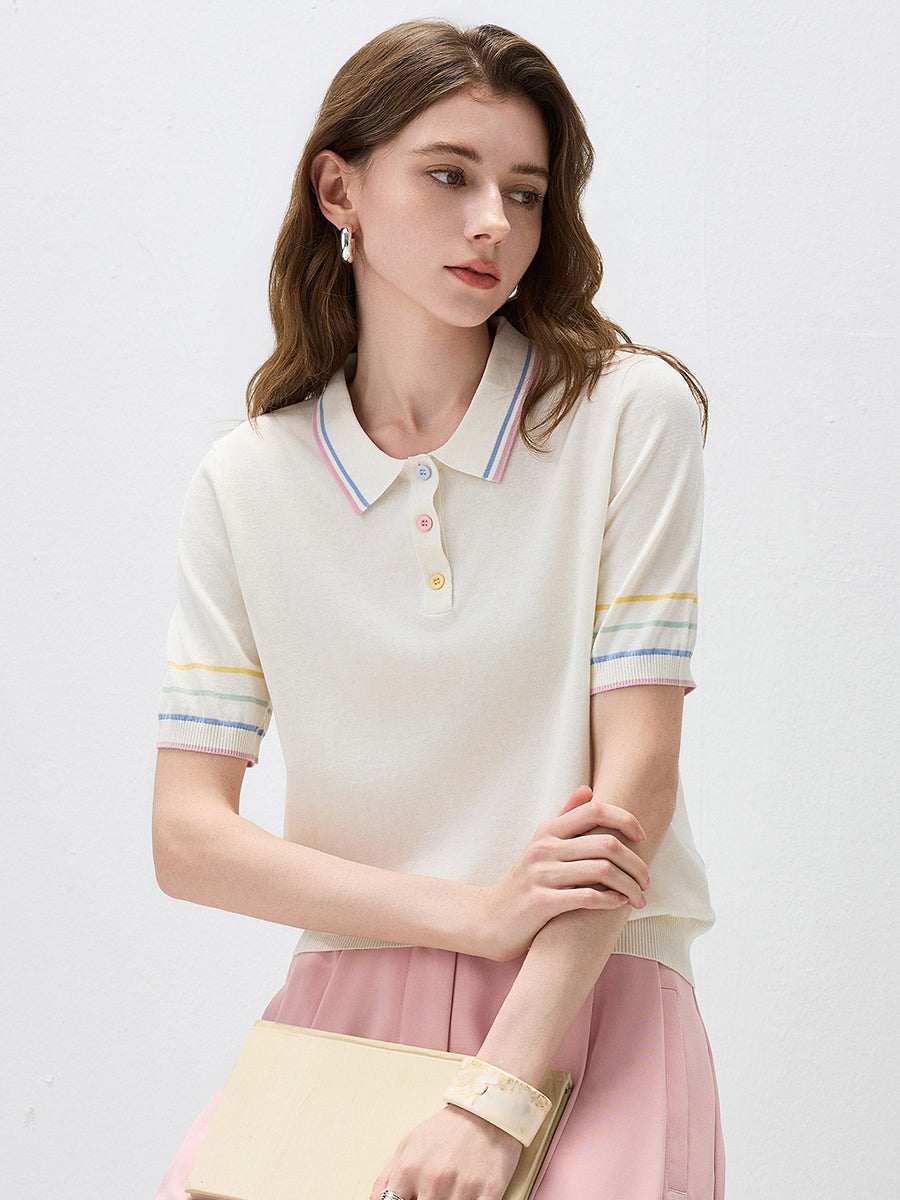 COMOBOCA Women's Knit Polo Top with Rainbow Stripes