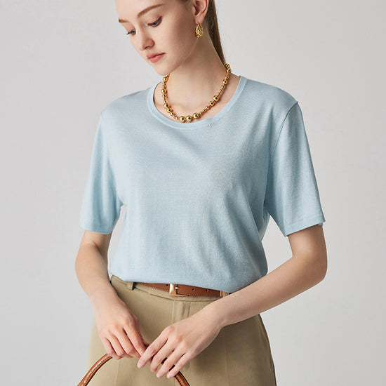 COMOBOCA Light Blue Women's Essential Round Neck Knit T-Shirt