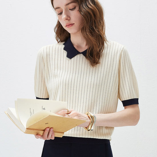 COMOBOCA Women's Scalloped Contrast Collar Openwork Knit Sweater