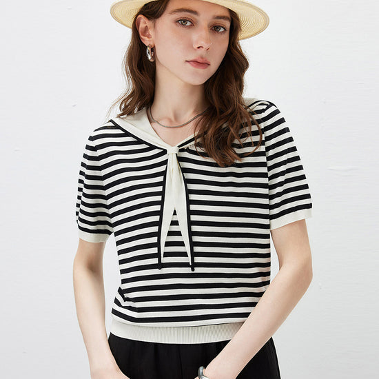 COMOBOCA Women's Striped Sailor Collar Knit Top
