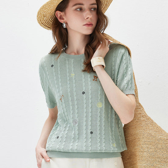 COMOBOCA Women's Cable Knit Embroidered Sweater