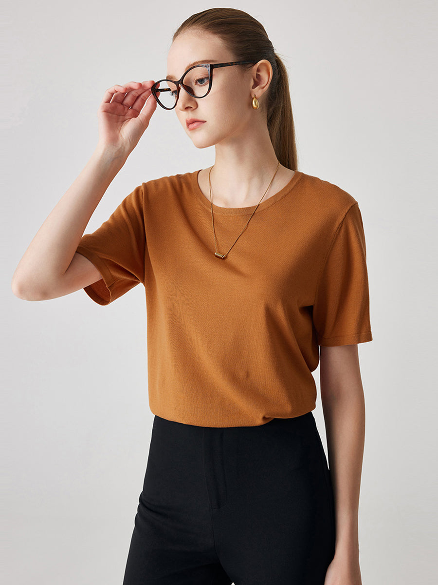 COMOBOCA Bronze Women's Essential Round Neck Knit T-Shirt
