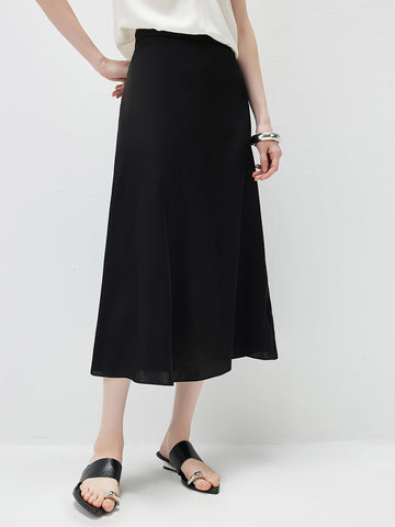 Women's solid color A-line skirt, mulberry silk blend woven