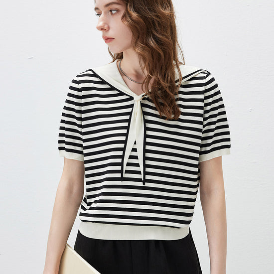 COMOBOCA Women's Striped Sailor Collar Knit Top