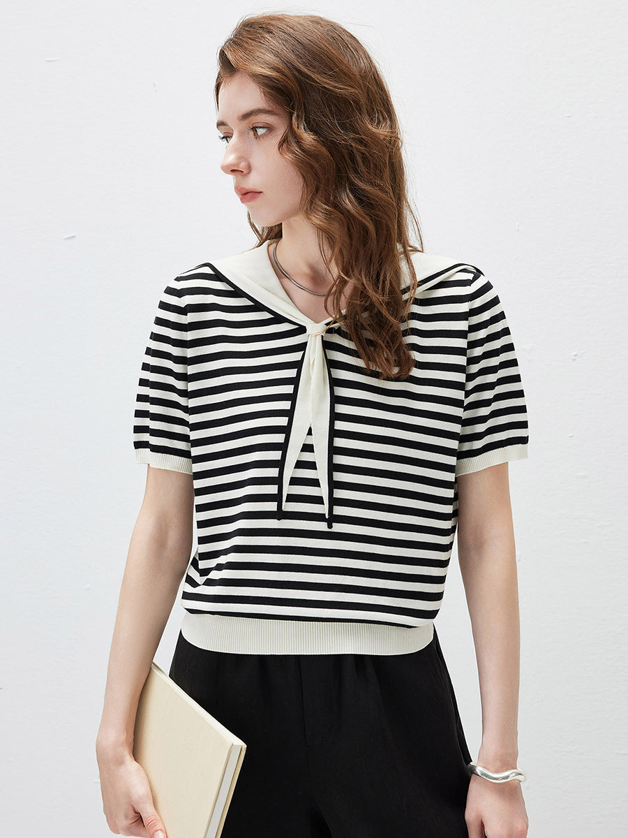 COMOBOCA Women's Striped Sailor Collar Knit Top