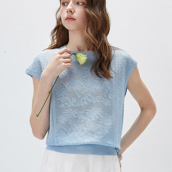 COMOBOCA Light Blue Women's Semi Sheer Cap Sleeves Knit T-Shirt