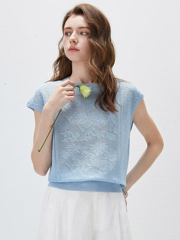 COMOBOCA Light Blue Women's Semi Sheer Cap Sleeves Knit T-Shirt