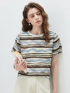 100% Mulberry Silk Women's Vintage Print Round-Neck Short Sleeve T-Shirt