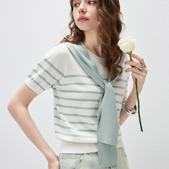 COMOBOCA Women's Striped Knit T-Shirt with Attached Shawl