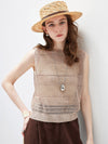 Women's Linen Blend Crew Neck Pointelle Knit Sleeveless Vest