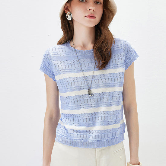 COMOBOCA Lavender Bloom Women's Cap Sleeve Striped Openwork Knit T-Shirt