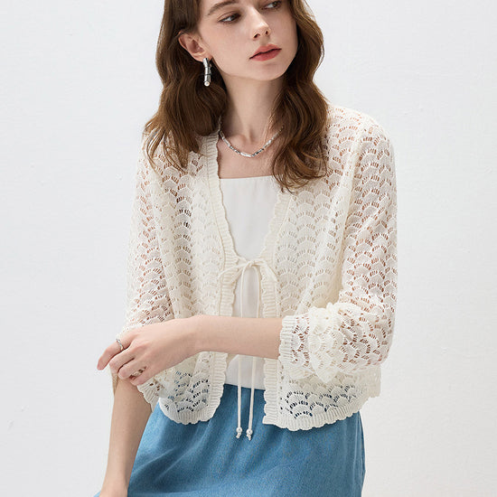 COMOBOCA Women's Linen Lace Knit Tie Front Cardigan