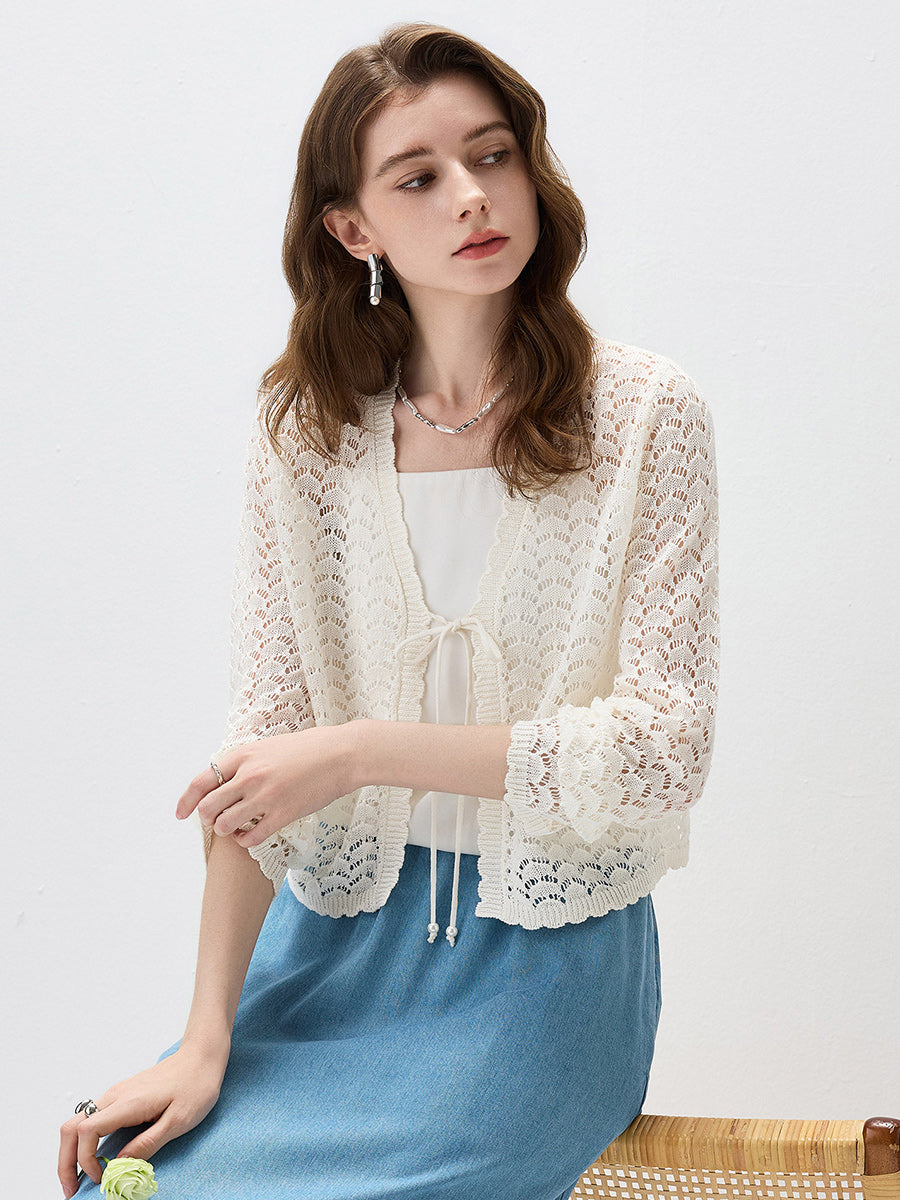 COMOBOCA Women's Linen Lace Knit Tie Front Cardigan