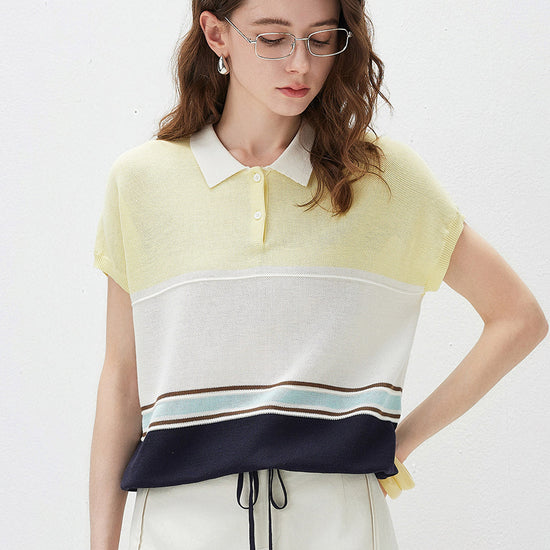 COMOBOCA Women's Color Block Striped Polo Knit T-Shirt