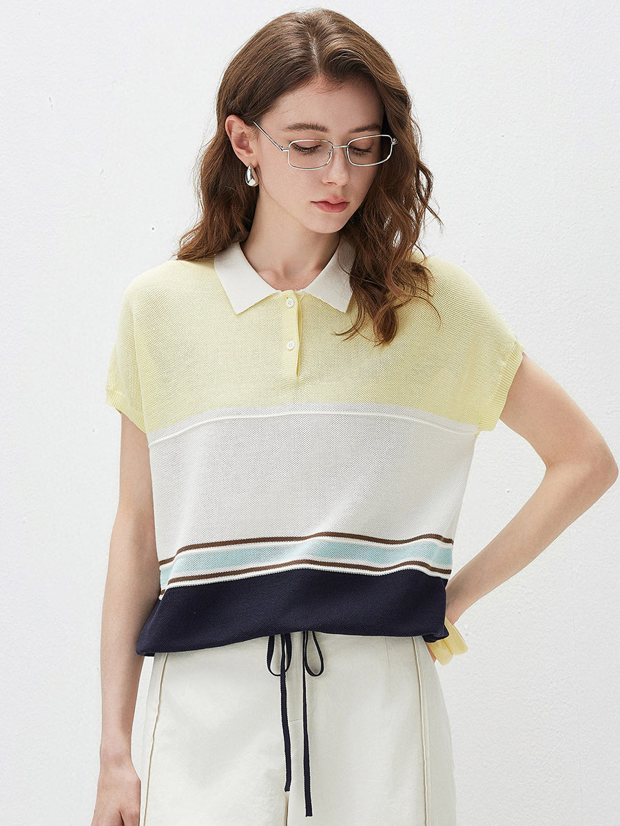 COMOBOCA Women's Color Block Striped Polo Knit T-Shirt