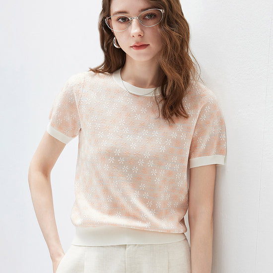 COMOBOCA Women's Ribbed Floral Textured Knit Top