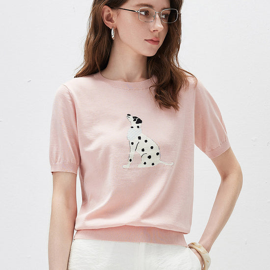 COMOBOCA Women's Dalmatian Intarsia Knit T-Shirt