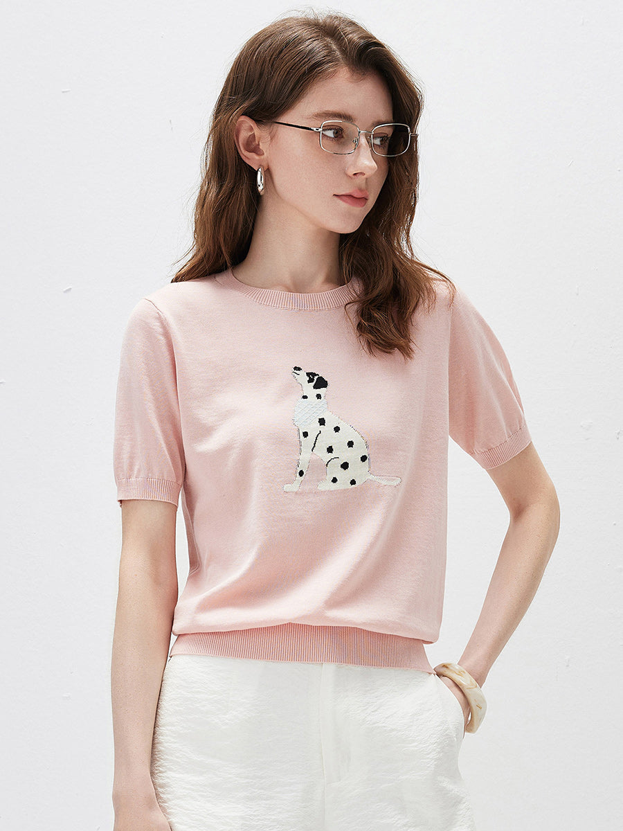 COMOBOCA Women's Dalmatian Intarsia Knit T-Shirt