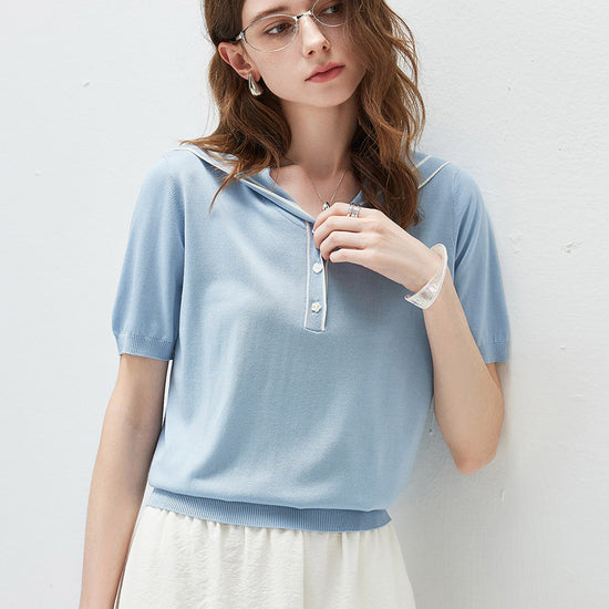 COMOBOCA Women's Sailor Collar Contrast Trim Knit Polo T-Shirt