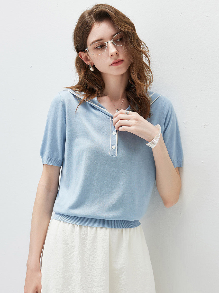 COMOBOCA Women's Sailor Collar Contrast Trim Knit Polo T-Shirt