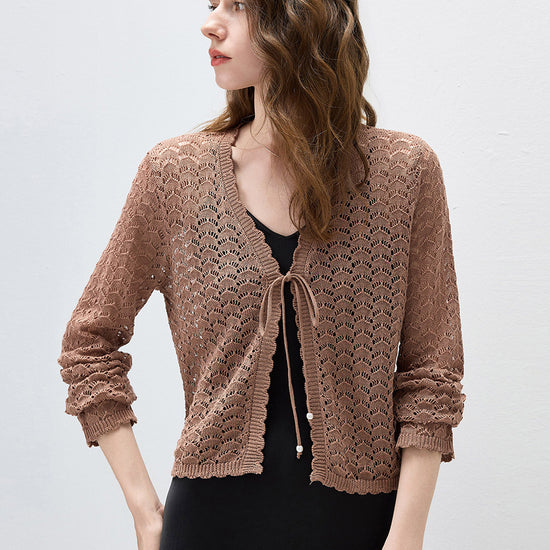 COMOBOCA Women's Linen Lace Knit Tie Front Cardigan