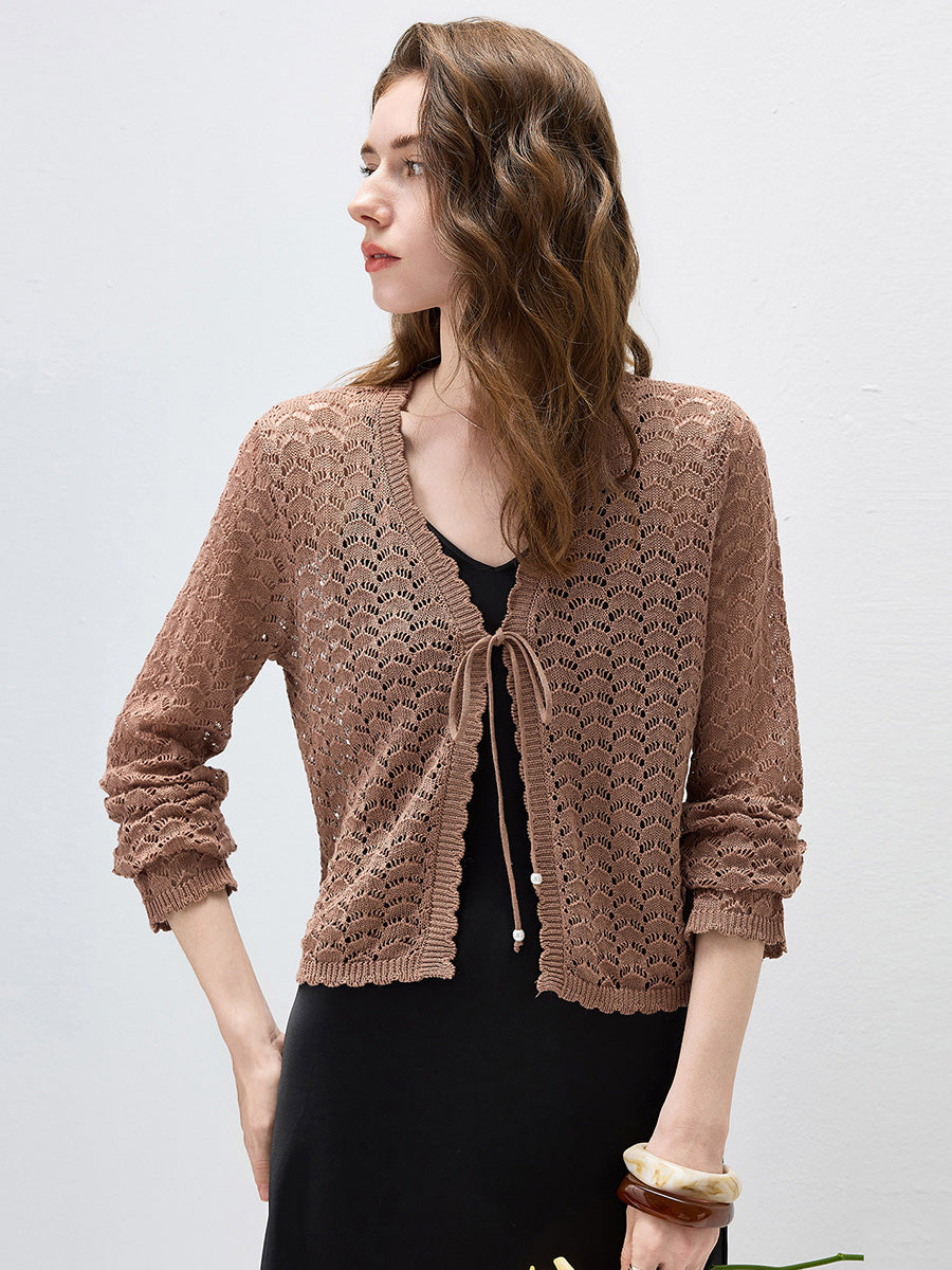 COMOBOCA Women's Linen Lace Knit Tie Front Cardigan