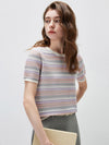 Women’s Silk-Cotton Contrast Stripe Knit Crew Neck Short Sleeve T-Shirt
