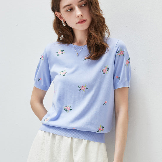 COMOBOCA Women's Floral Embroidery Knit T-Shirt