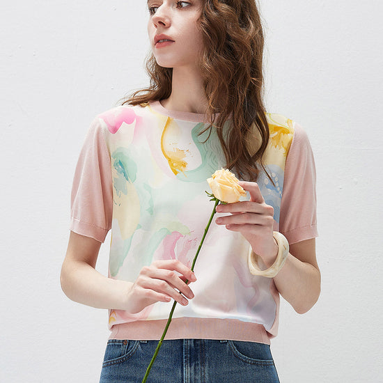 COMOBOCA Women's Floral Print Panel Knit T-Shirt