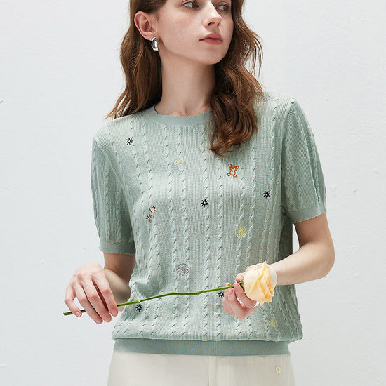 COMOBOCA Moonlight Green Women's Cable Knit Embroidered Sweater