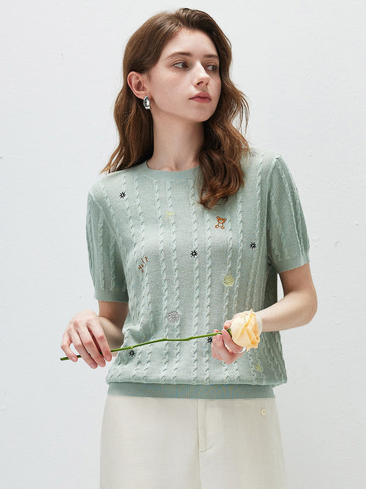 COMOBOCA Moonlight Green Women's Cable Knit Embroidered Sweater