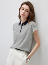 Women’s Mulberry Silk Knit Polo T-Shirt with Contrast Striped
