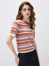 Women’s Crew Neck Silk-Cotton Jacquard Striped Short-Sleeve Knit T-shirt