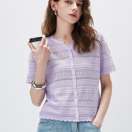 COMOBOCA Women's Scalloped Hem Openwork Knit Cardigan