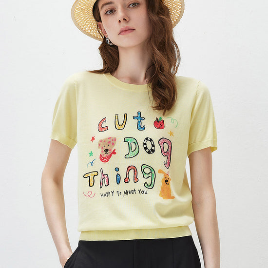 COMOBOCA Light Yellow Women's Ribbed Graphic Print Knit T-Shirt