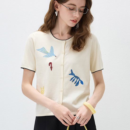 COMOBOCA Cream Women's Embroidered Short Sleeve Cardigan