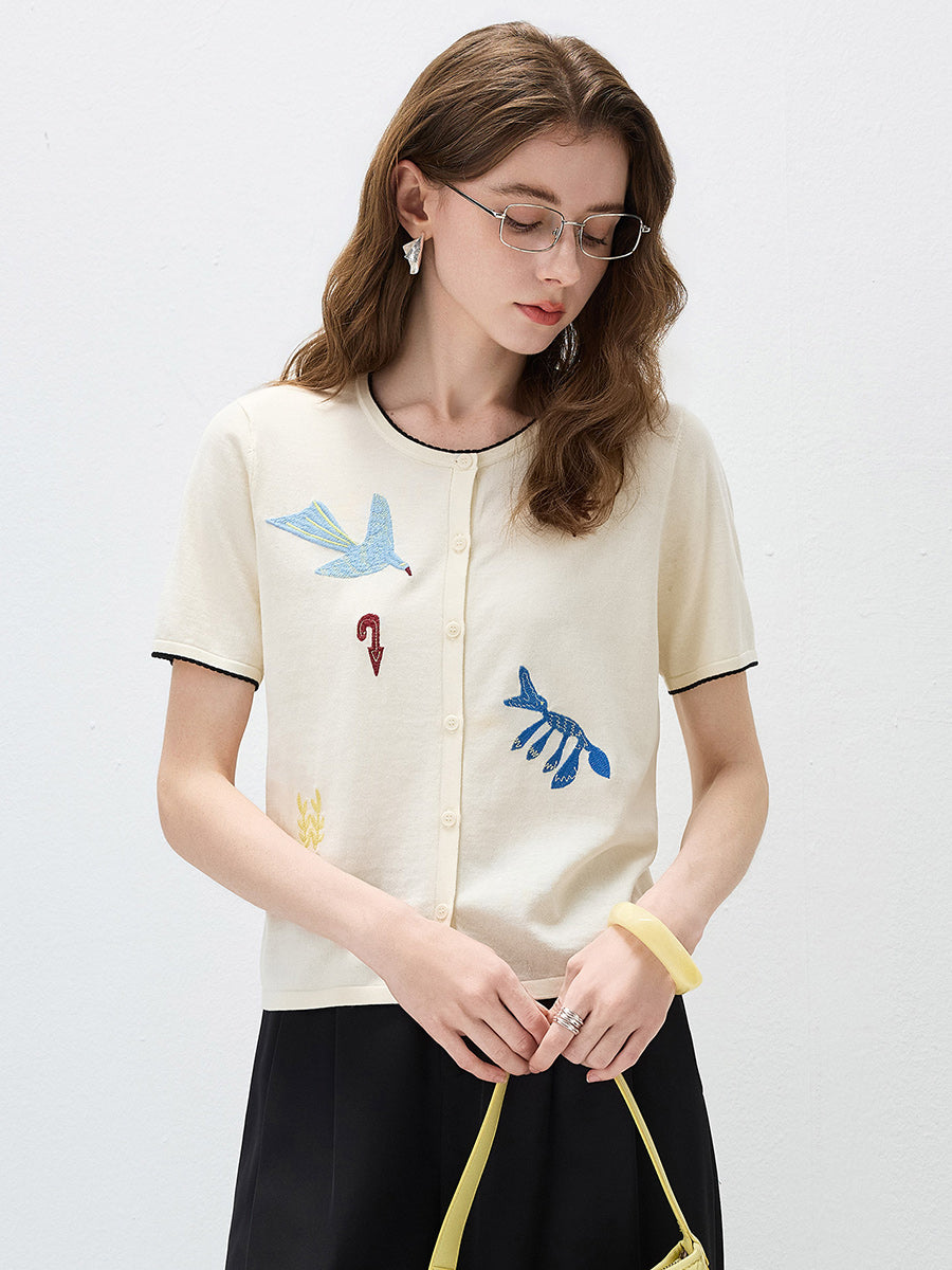 COMOBOCA Cream Women's Embroidered Short Sleeve Cardigan