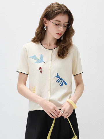 COMOBOCA Cream Women's Embroidered Short Sleeve Cardigan