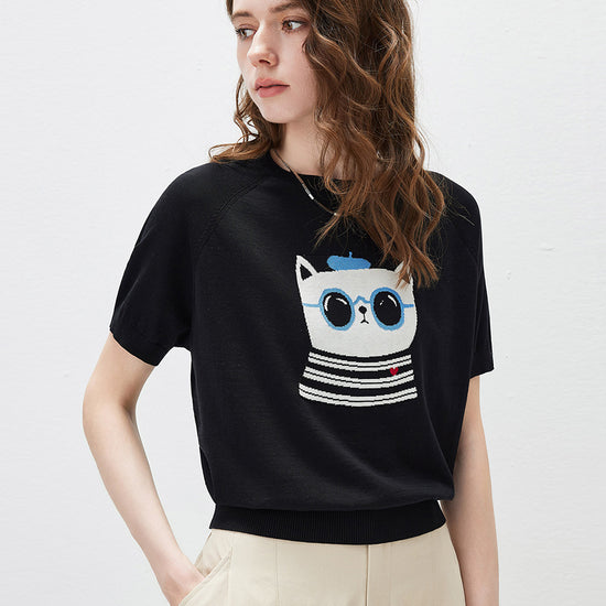 COMOBOCA Women's Cartoon Animal Intarsia Knit T-Shirt
