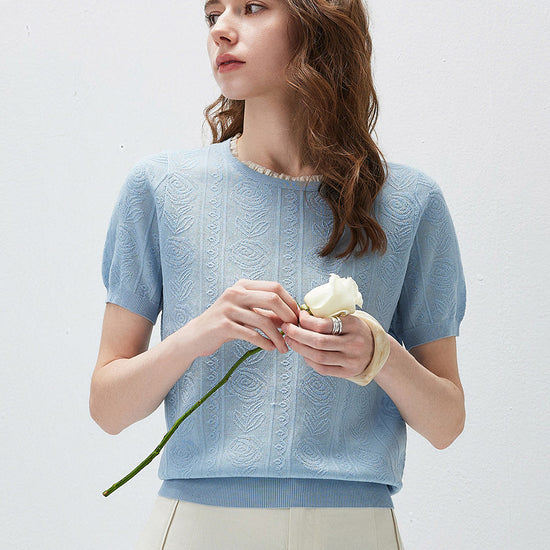 COMOBOCA Women's Jacquard Lace Trim Knit T-Shirt