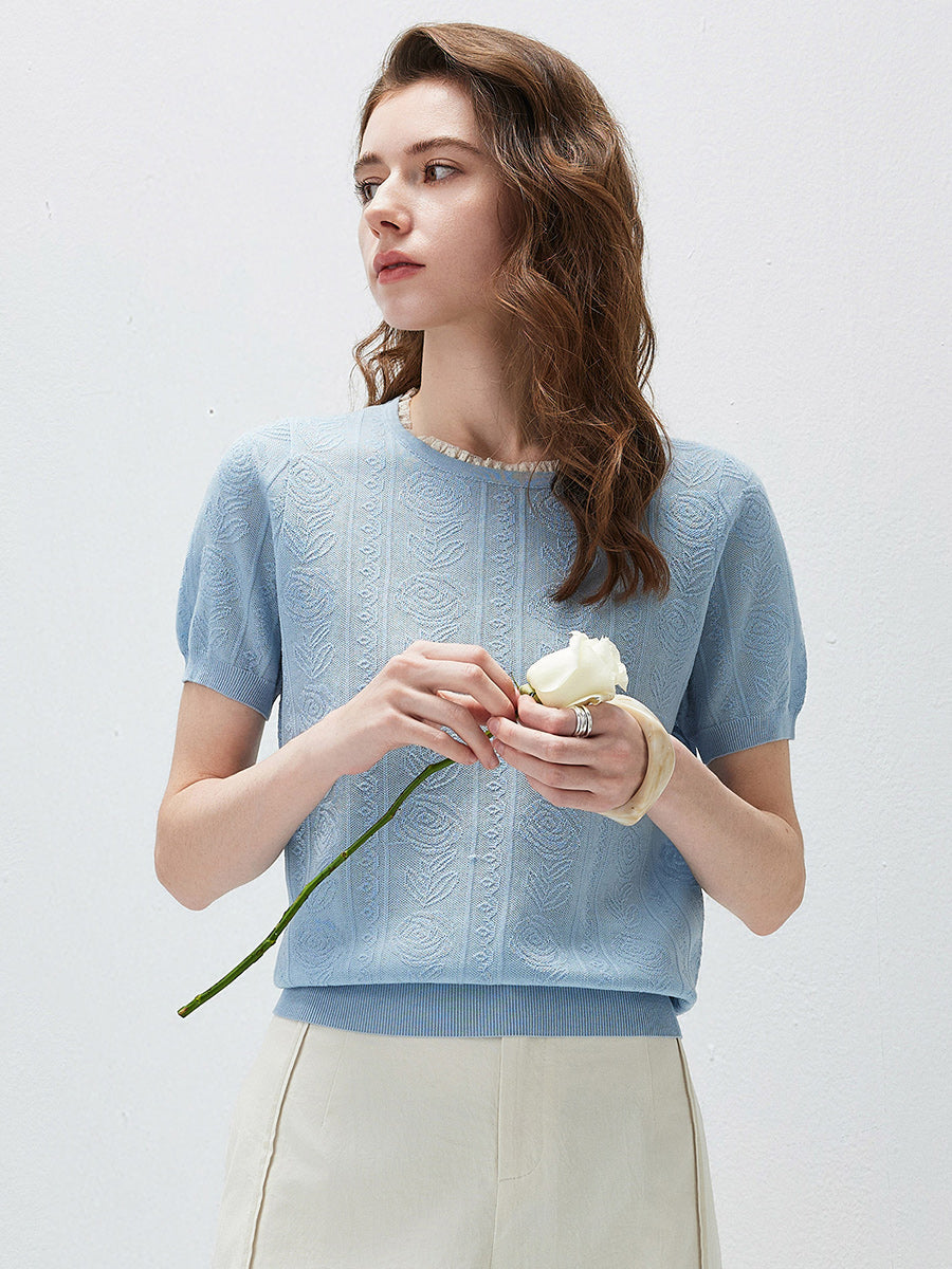 COMOBOCA Women's Jacquard Lace Trim Knit T-Shirt