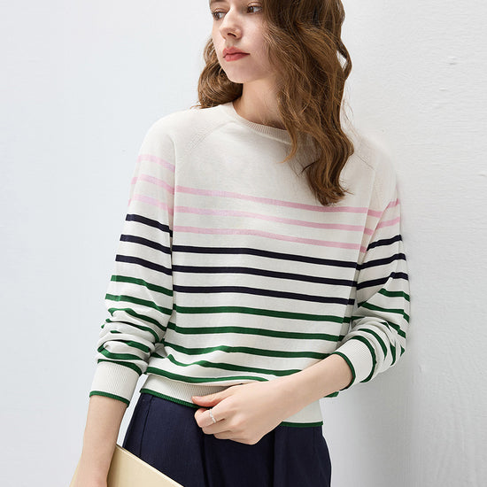 COMOBOCA Women's Stripe Round Neck Knit Sweater