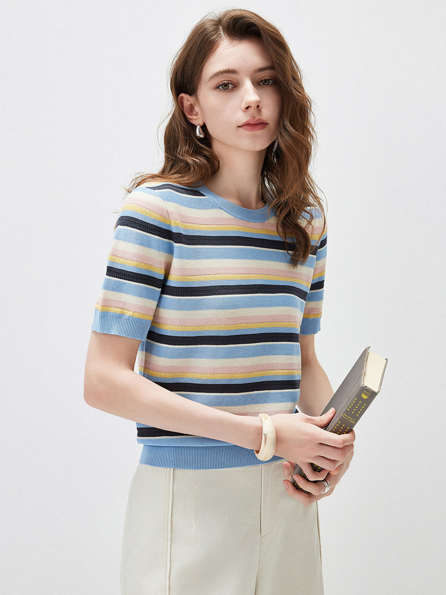 COMOBOCA Women's Multi-Color Stripe Knit T-Shirt
