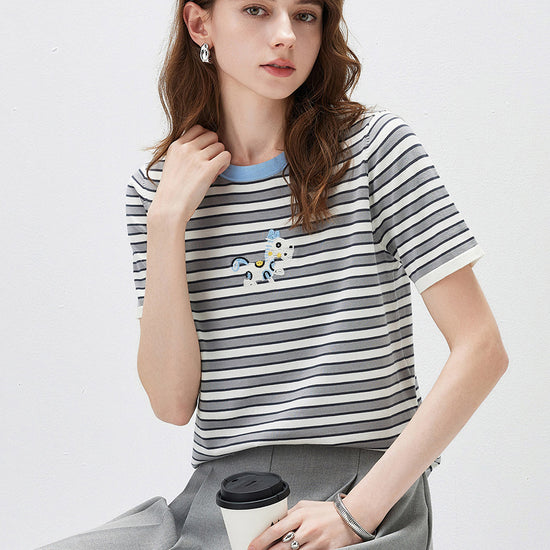 COMOBOCA Women's Embroidery Striped Knit Top