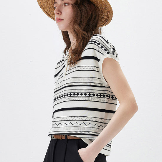 COMOBOCA Women's Geometric Stripe Polo Knit T-Shirt