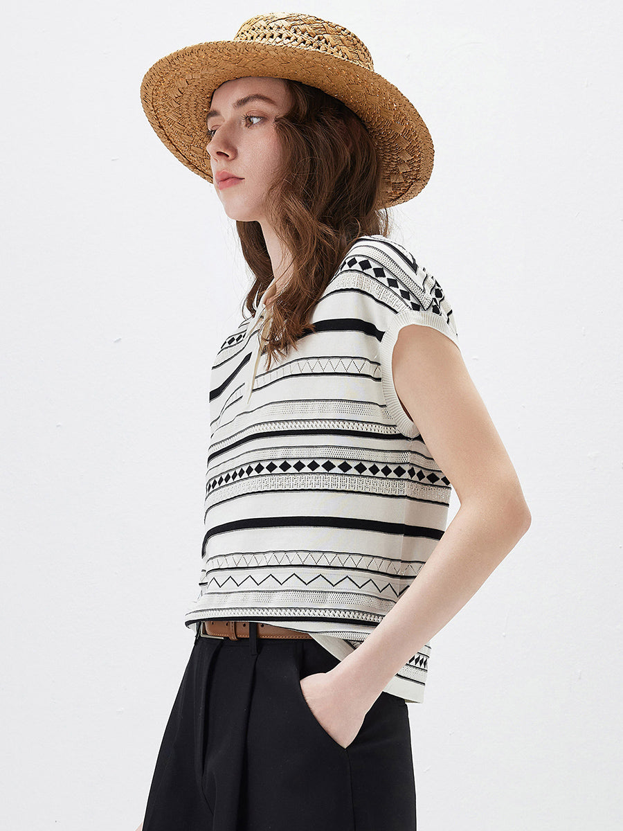 COMOBOCA Women's Geometric Stripe Polo Knit T-Shirt