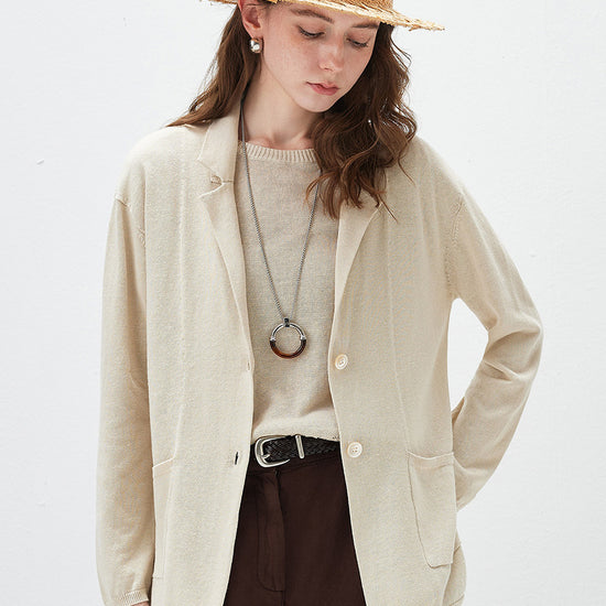 COMOBOCA Beige Women's Pockets Relaxed Knit Blazer